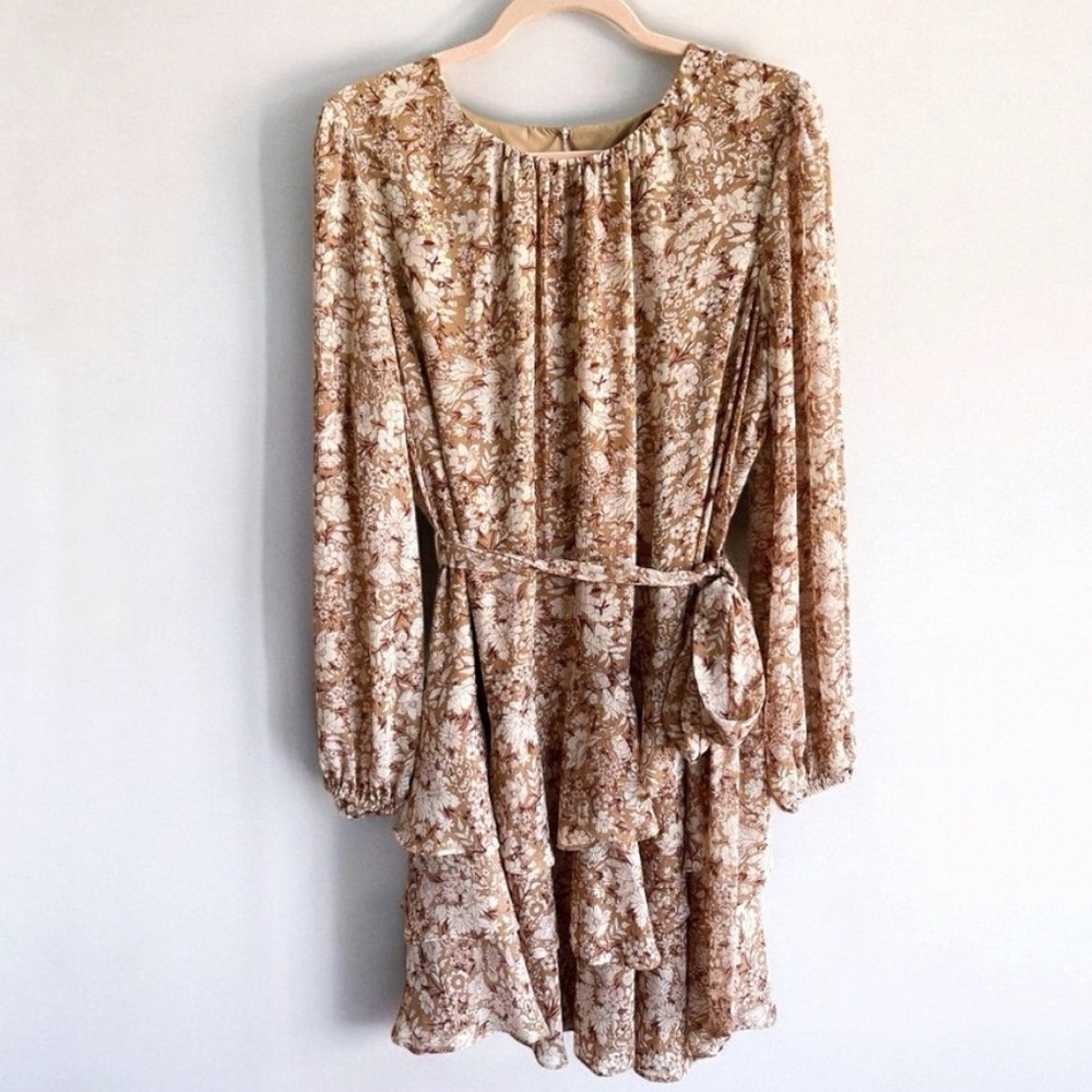 🗽EXPRESS Metallic Floral Brown Tie Waist Tiered Ruffle Mini Dress | XL